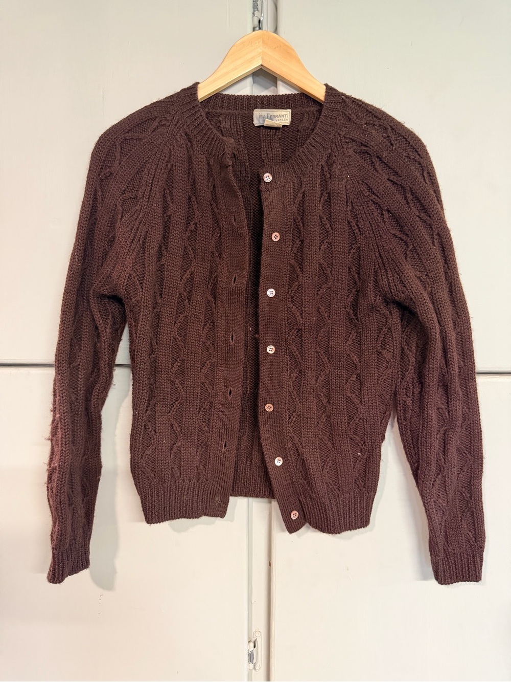 Vintage Lisa Ferranti Venezia 100% Wool Cable Knit Cardigan Sweater Brown Small